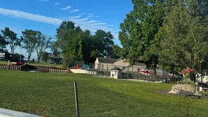 A swimming pool with a tiled edge, surrounded by a grassy yard and trees.