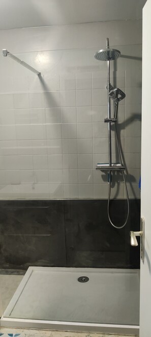 Shower, hair dryer, soap