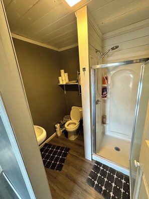 Douche, serviettes fournies, papier toilette
