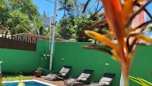 A swimming pool with lounge chairs, surrounded by greenery and a green wall. - Pousada Caminho do Paraíso (Ipojuca)