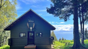 A cabin with a black door, a set of steps leading up to it, and a large antler mounted on the front. - Cozy home with a view, newly remodeled. (Homer)