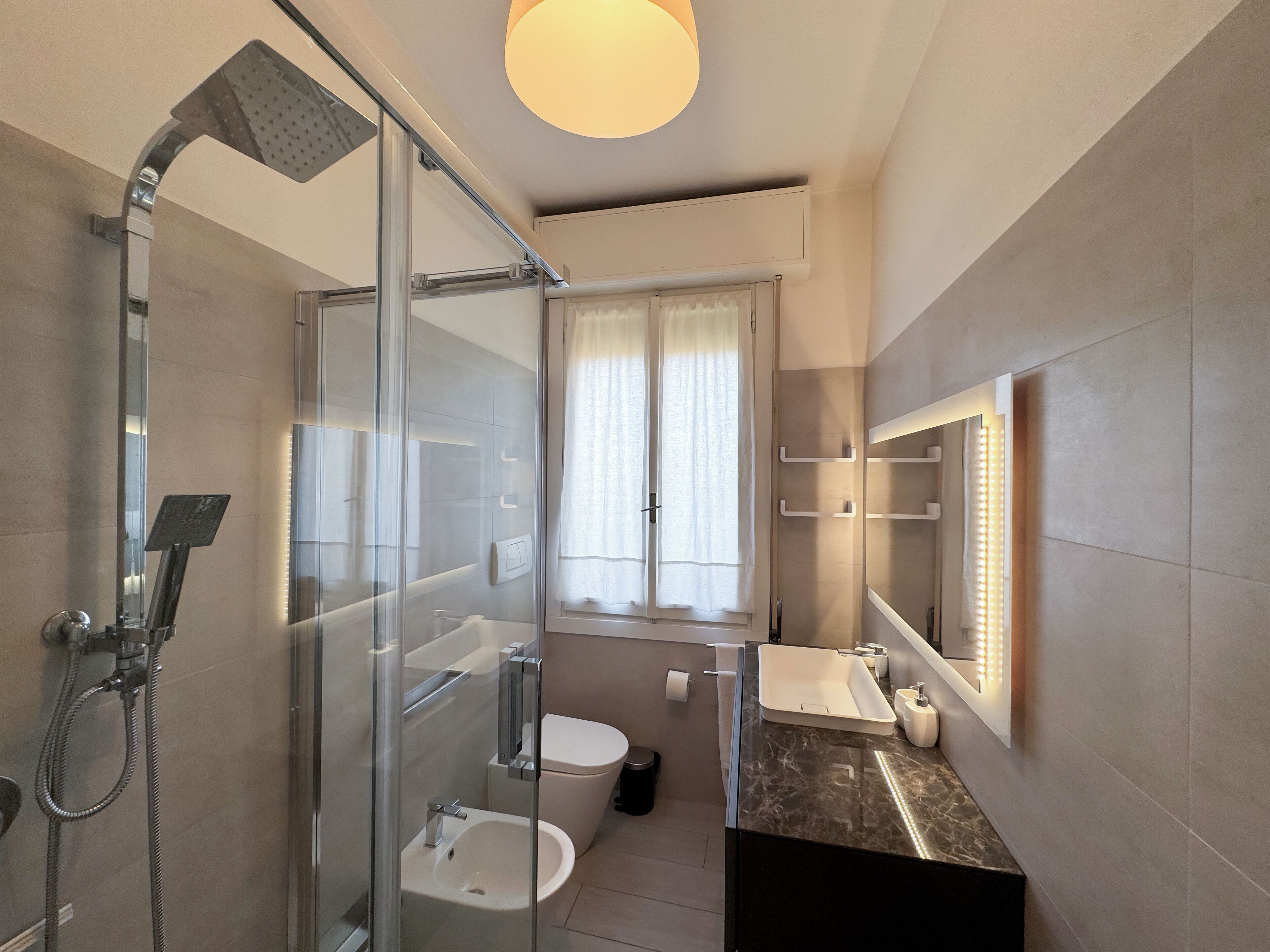 Shower, hair dryer, bidet, towels