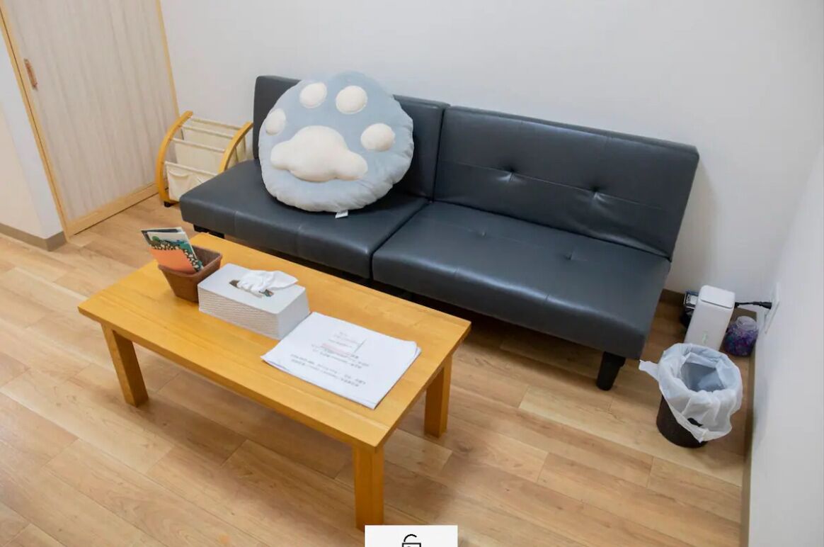 Une pièce avec un canapé en cuir noir, une table basse en bois, une poubelle blanche et un petit sac poubelle blanc posé sur le sol.