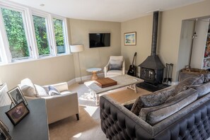 Smart TV, chimenea, libros y impresora 