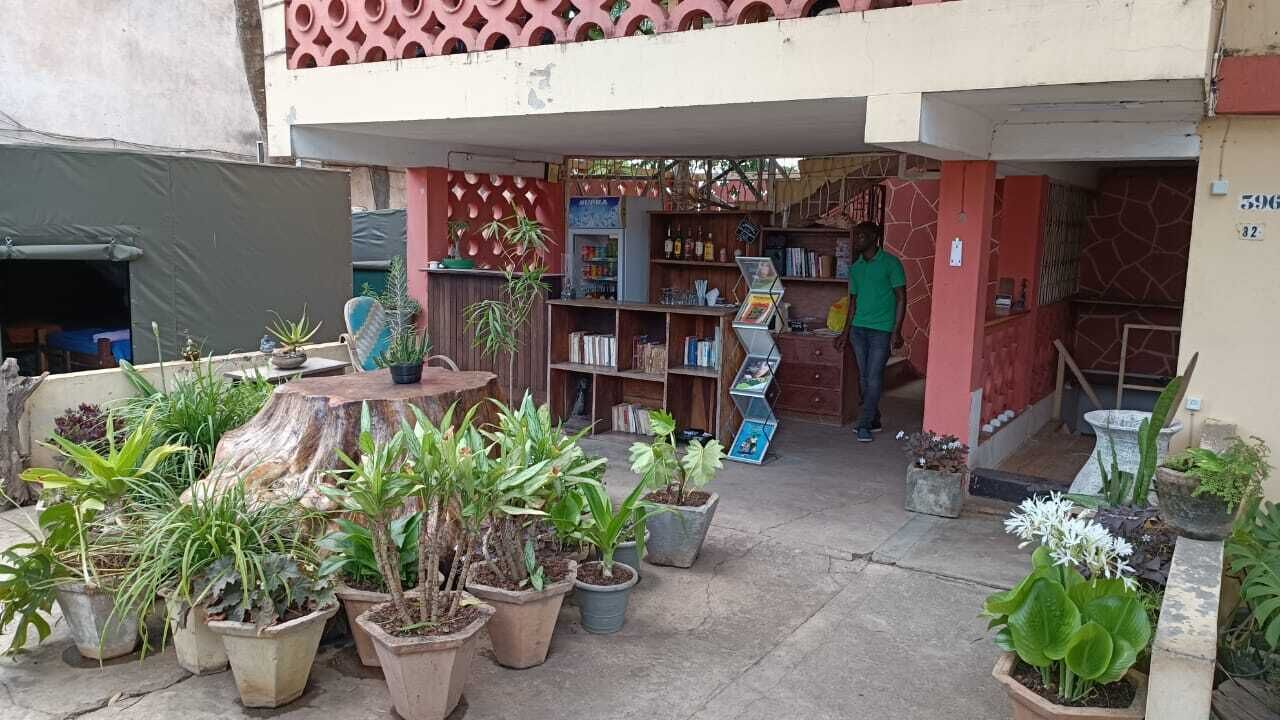 Une cour avec des plantes en pot, une table et une bibliothèque.