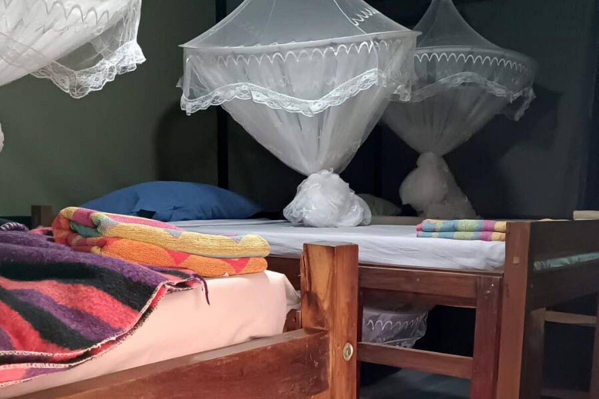 A room with a bed covered by a colorful blanket, a wooden chair, and a mosquito net over the bed.