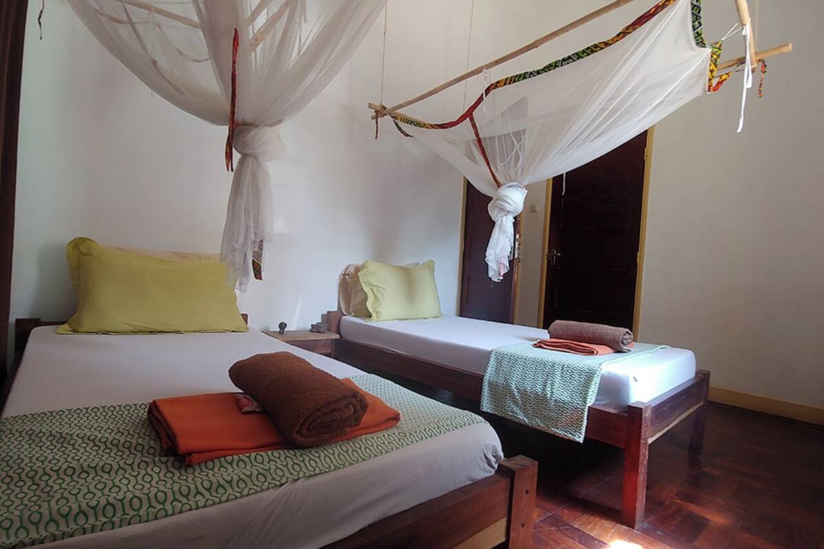 A room with two beds, each with a canopy bedspread and pillows.