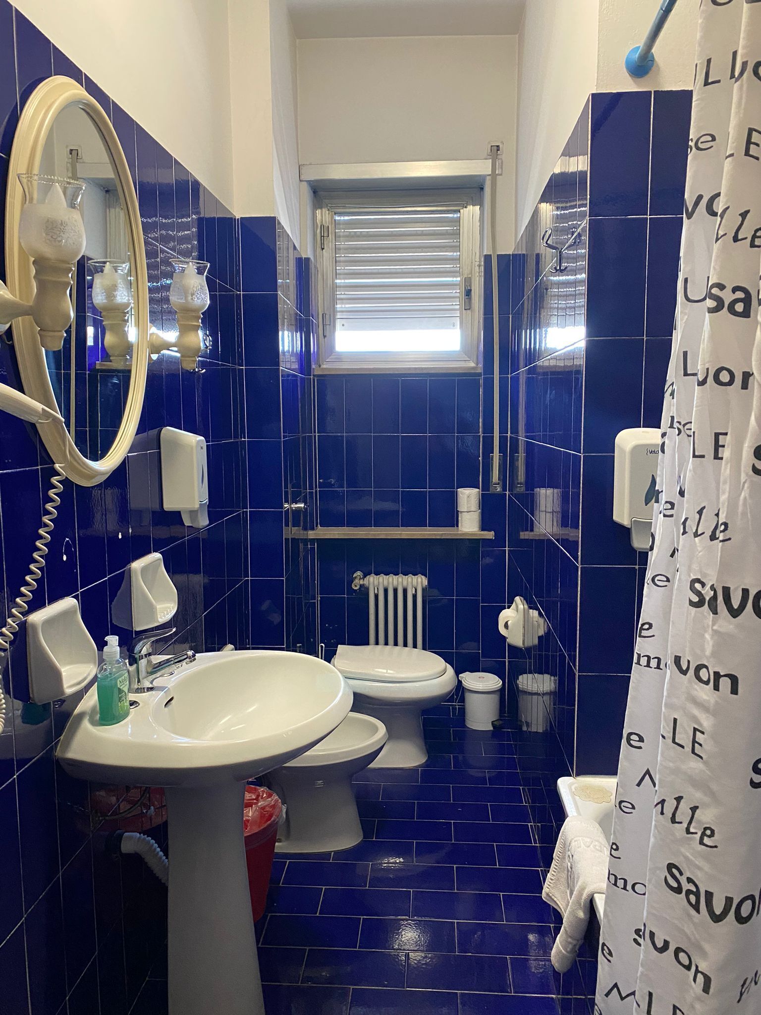 Une salle de bain avec un lavabo, des toilettes et un miroir. Il y a une fenêtre avec des stores, un porte-serviettes et un rideau de douche avec un motif imprimé.