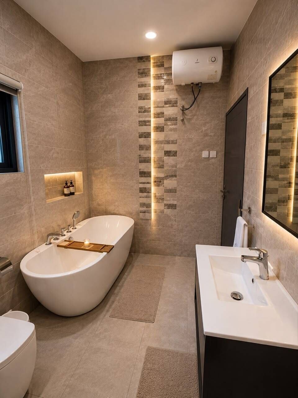 A modern bathroom with a freestanding bathtub, a vanity with a mirror, and a wall-mounted heater.