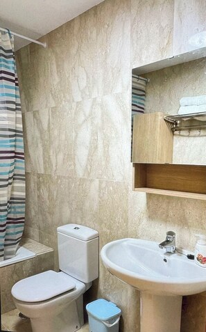 Bidet, towels, soap, toilet paper
