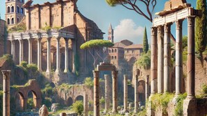 Ancient ruins with columns, statues, and a large tree. - Belli Suites Vatican Rome Guest House (Rome)