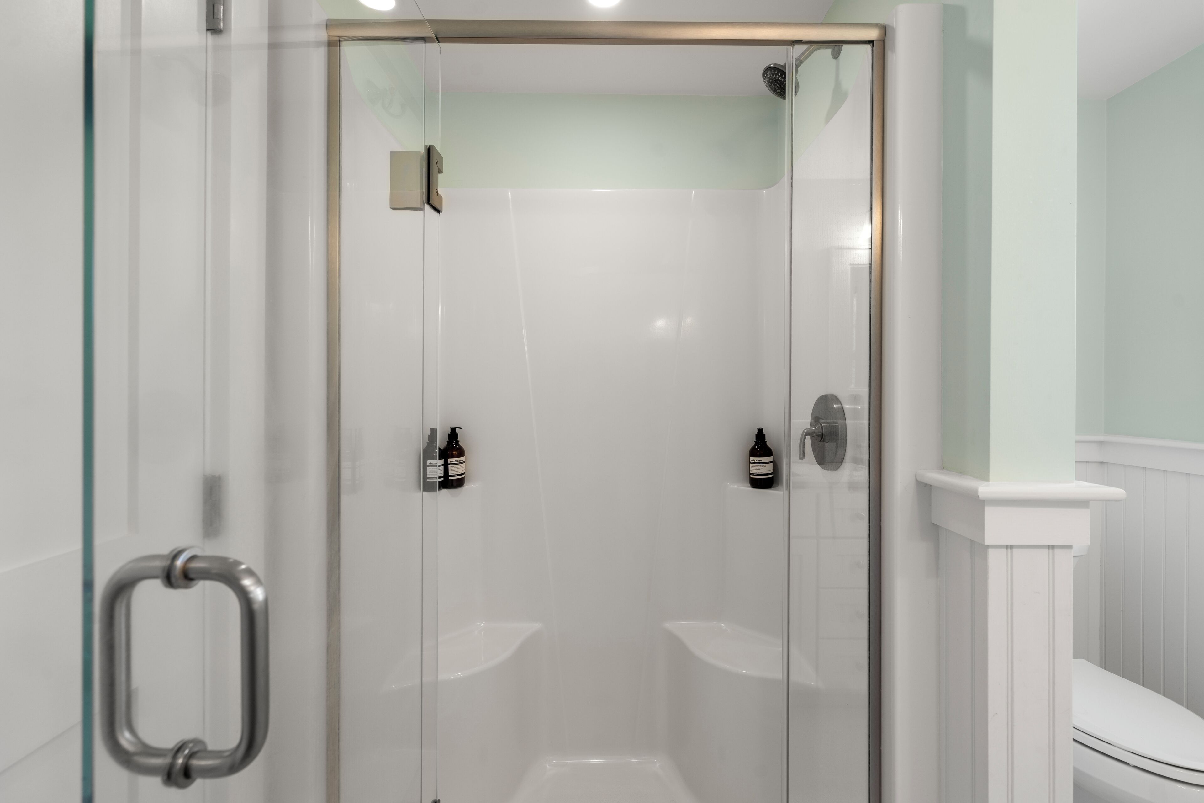 A glass-enclosed shower with a white tiled wall and a white toilet visible to the right.