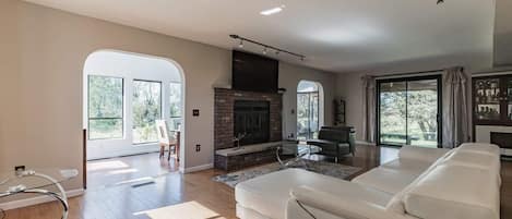 Smart TV, fireplace, books, computer monitors