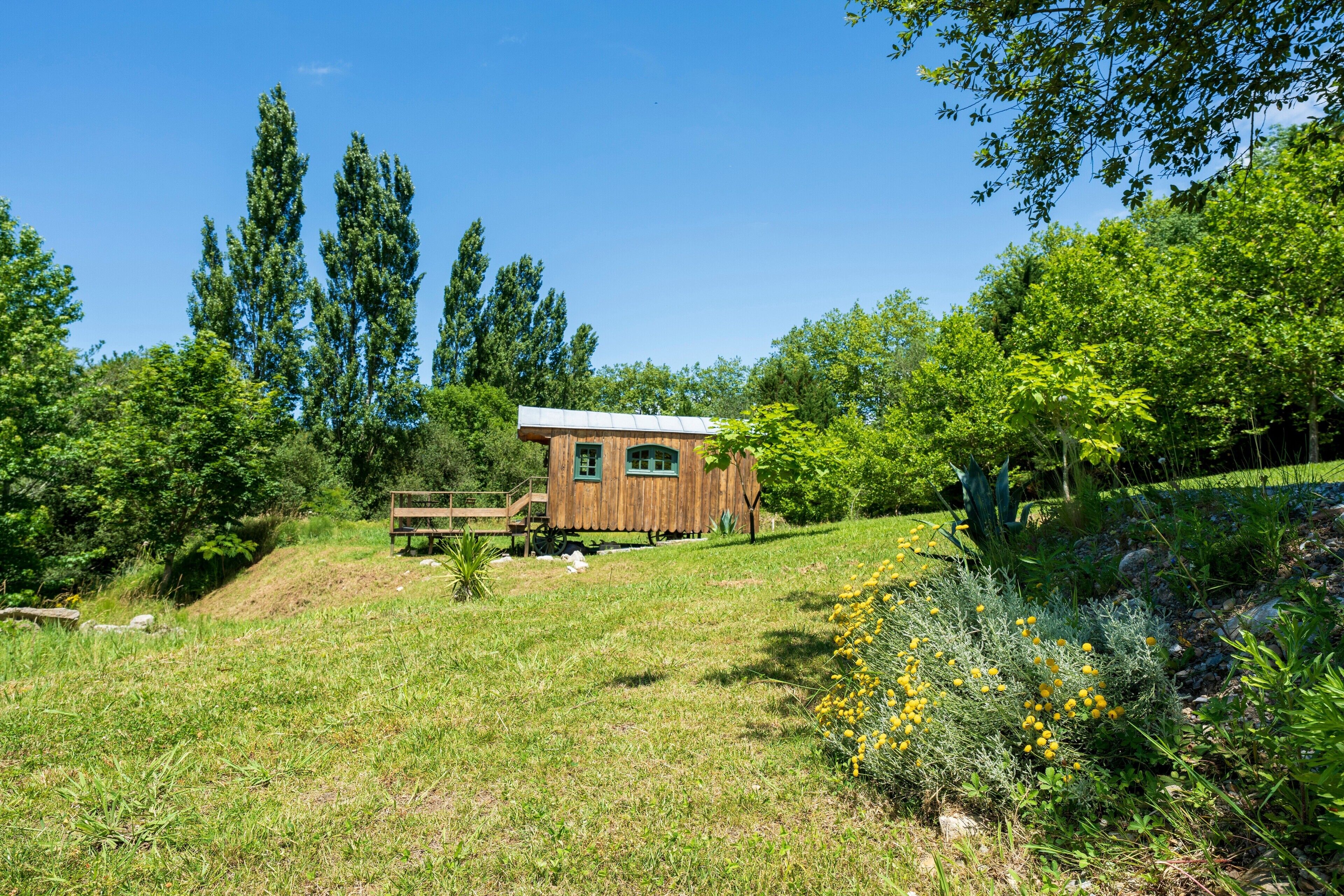 A wooden cabin with a deck, surrounded by lush greenery and tall trees.