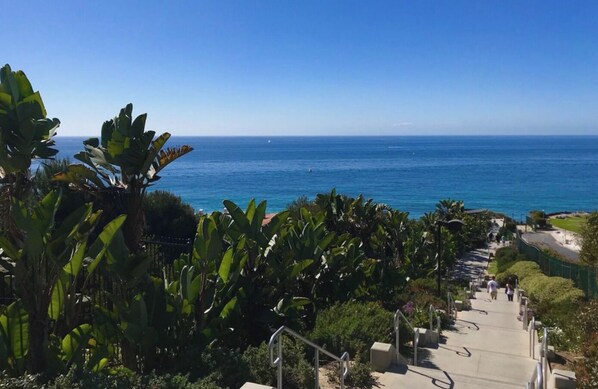 A coastal view with a staircase leading down to a beach, surrounded by lush greenery. - Beach Home (Dana Point)