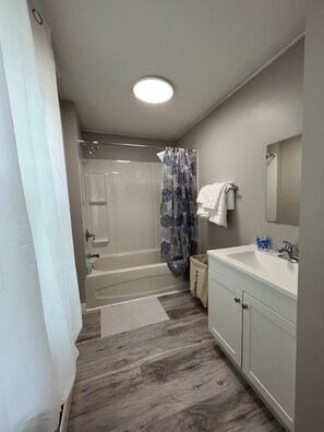 Hair dryer, towels, soap, shampoo