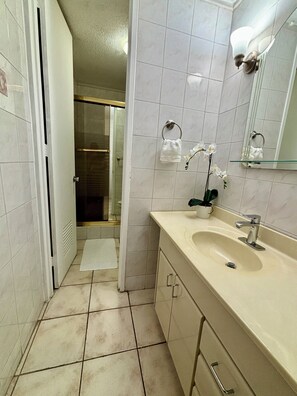 Douche, séchoir à cheveux, serviettes fournies, savon