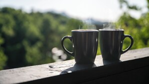 Deux tasses posées sur une étagère en bois, avec un arrière-plan flou de couleur verte.