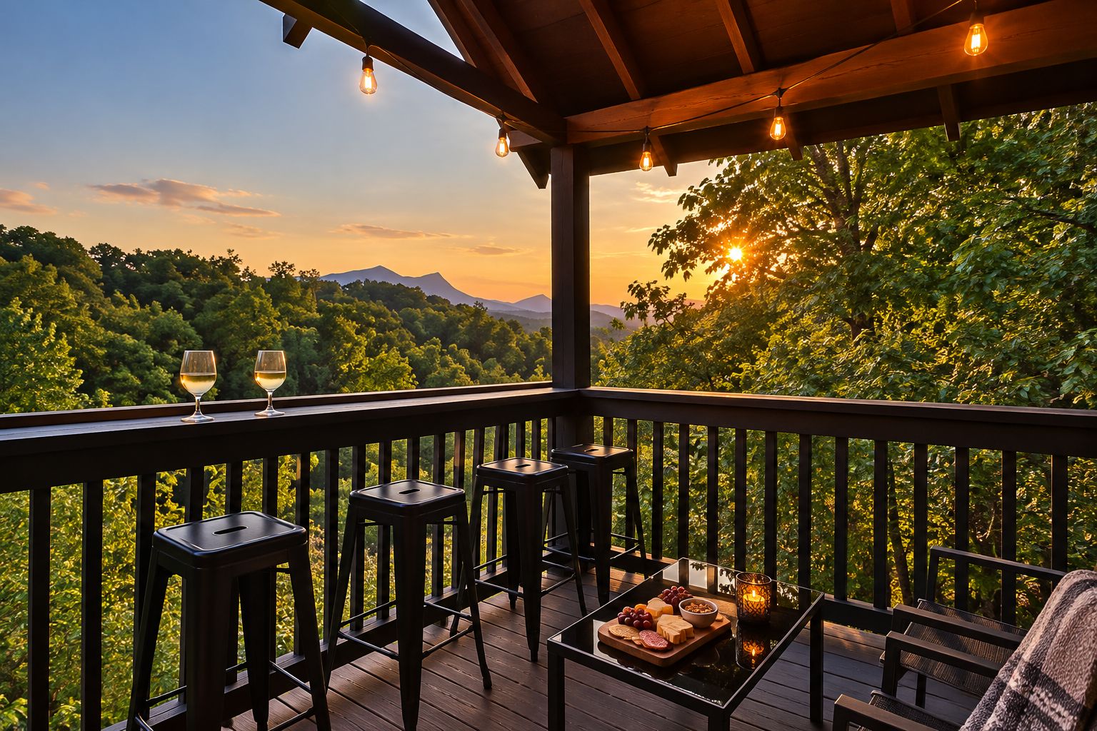 Een houten terras met twee tafels, elk met een wijnglas en een kaars, met uitzicht op een bebost landschap en bergen in de verte.