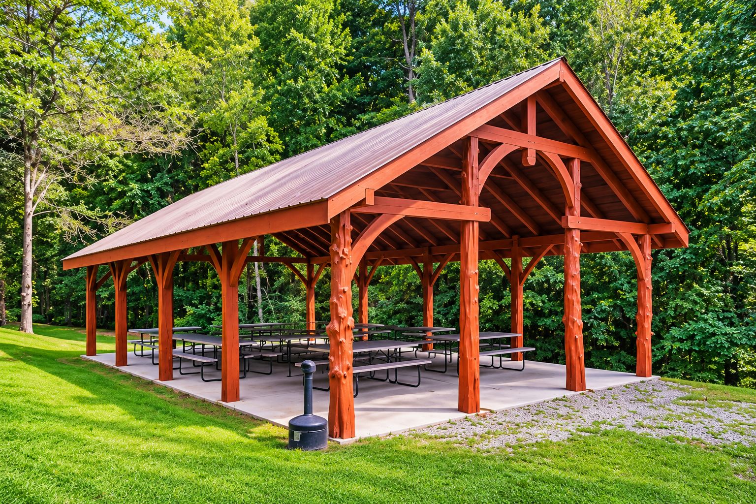 A pavilion with a metal roof and wooden beams, surrounded by picnic tables and benches, set in a grassy area with trees in the background.