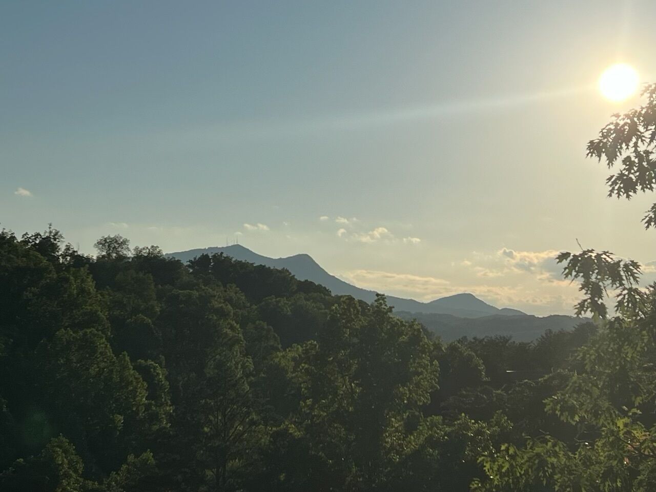 A mountainous landscape with dense forest and a clear sky.