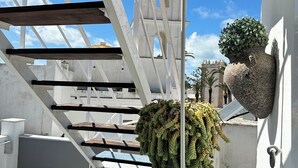 Une terrasse sur le toit, dotée d’une balustrade blanche, de plantes en pot et offrant une vue sur un bâtiment historique en arrière-plan.