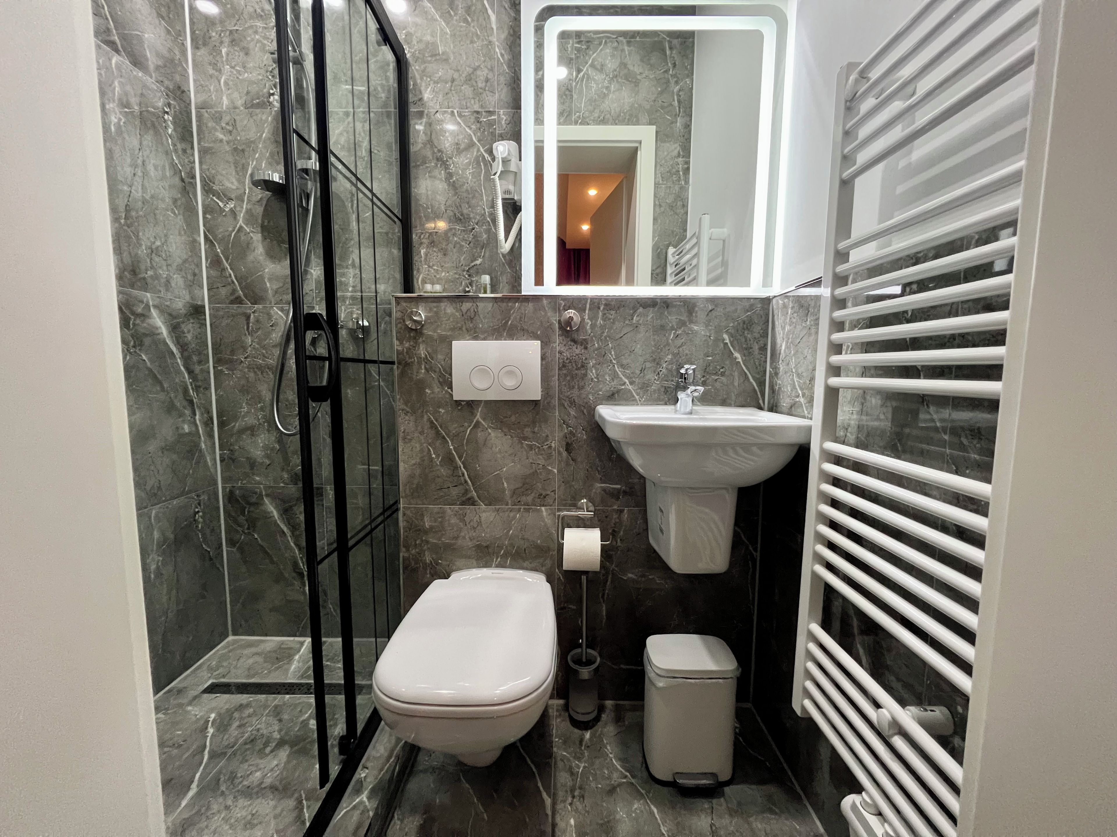 A modern bathroom with a glass-enclosed shower, a white toilet, a pedestal sink, and a white trash bin.