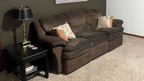 A living room with a brown sofa, a lamp, and wall-mounted bird sculptures.