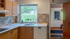 Une cuisine compacte avec des meubles en bois, un lave-vaisselle Bosch, une fenêtre donnant sur un espace verdoyant et un pare-feu en carreaux.