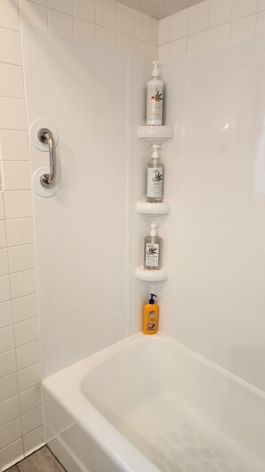 Hair dryer, towels, soap, shampoo