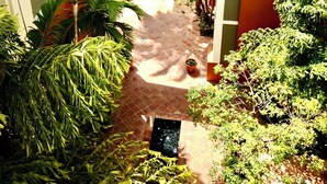Un patio con una fuente central, rodeado de abundante vegetación y palmeras.