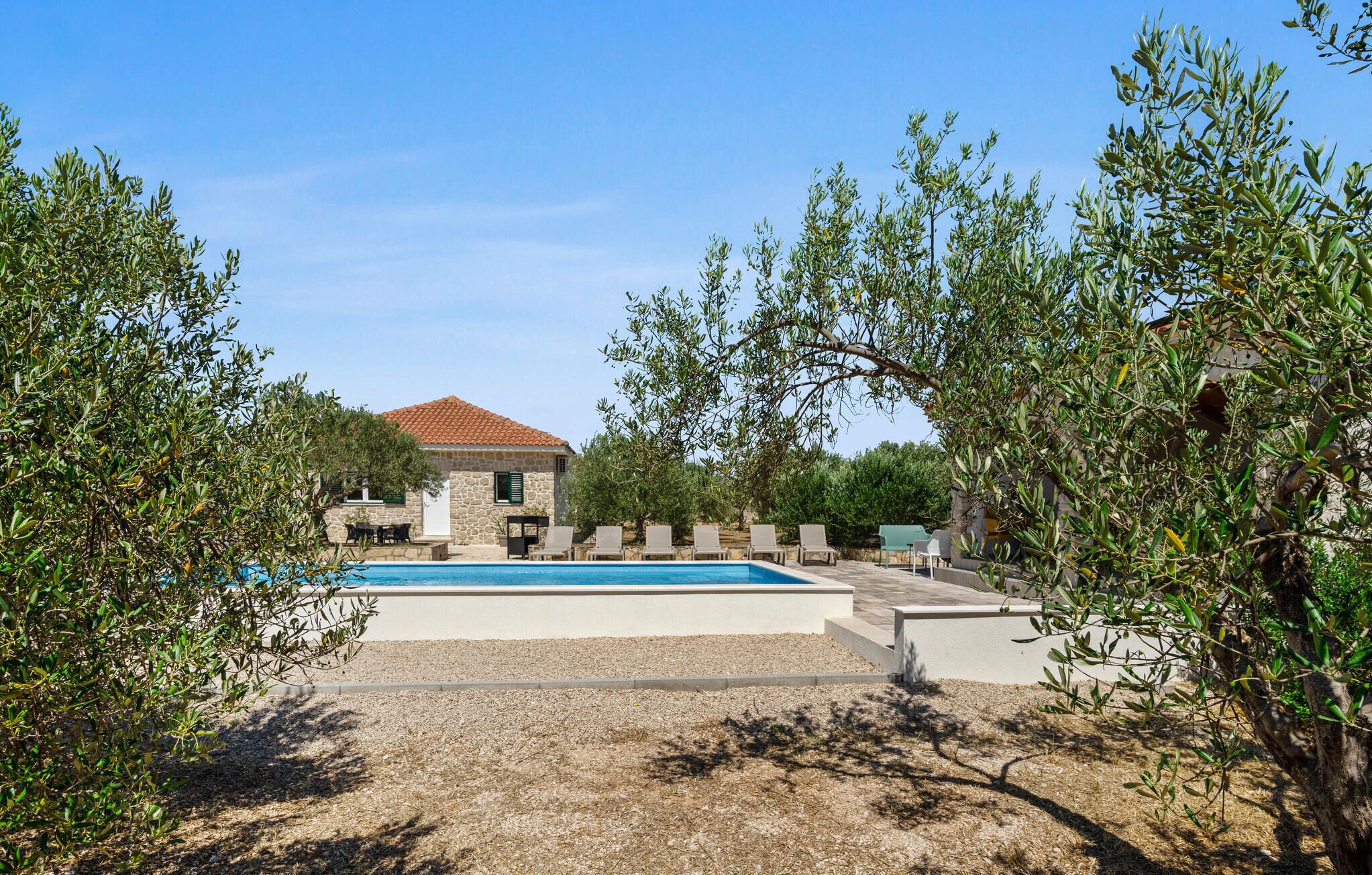 Zona de piscina amb gandules, edifici de pedra amb teulada a esquerdes i oliveres al voltant.