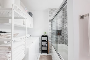 Hair dryer, bidet, towels, soap