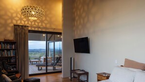 A bedroom with a large bed, a bookshelf, a flat-screen TV, and a view of the outdoors.