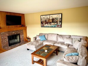 Una Smart TV, una chimenea, libros, una pantalla de ordenador