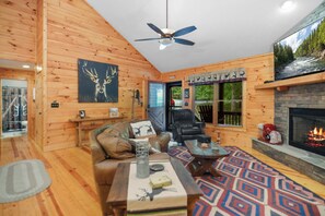 Smart TV, fireplace, DVD player, video library - Serenity Moon, a Spacious Cabin in Coosawattee River Resort, North GA Mountains (Ellijay)