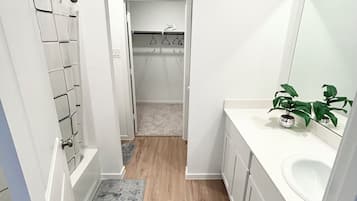 Hair dryer, towels, soap, shampoo