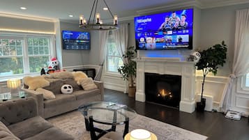 Smart TV, fireplace, video games, DVD player