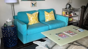A living room with a teal sofa, a round blue side table, a glass coffee table, a white shag rug, and a mirror above the sofa. - Contemporary tiny home with loft bedroom in the Irish Channel, private courtyard (New orleans)