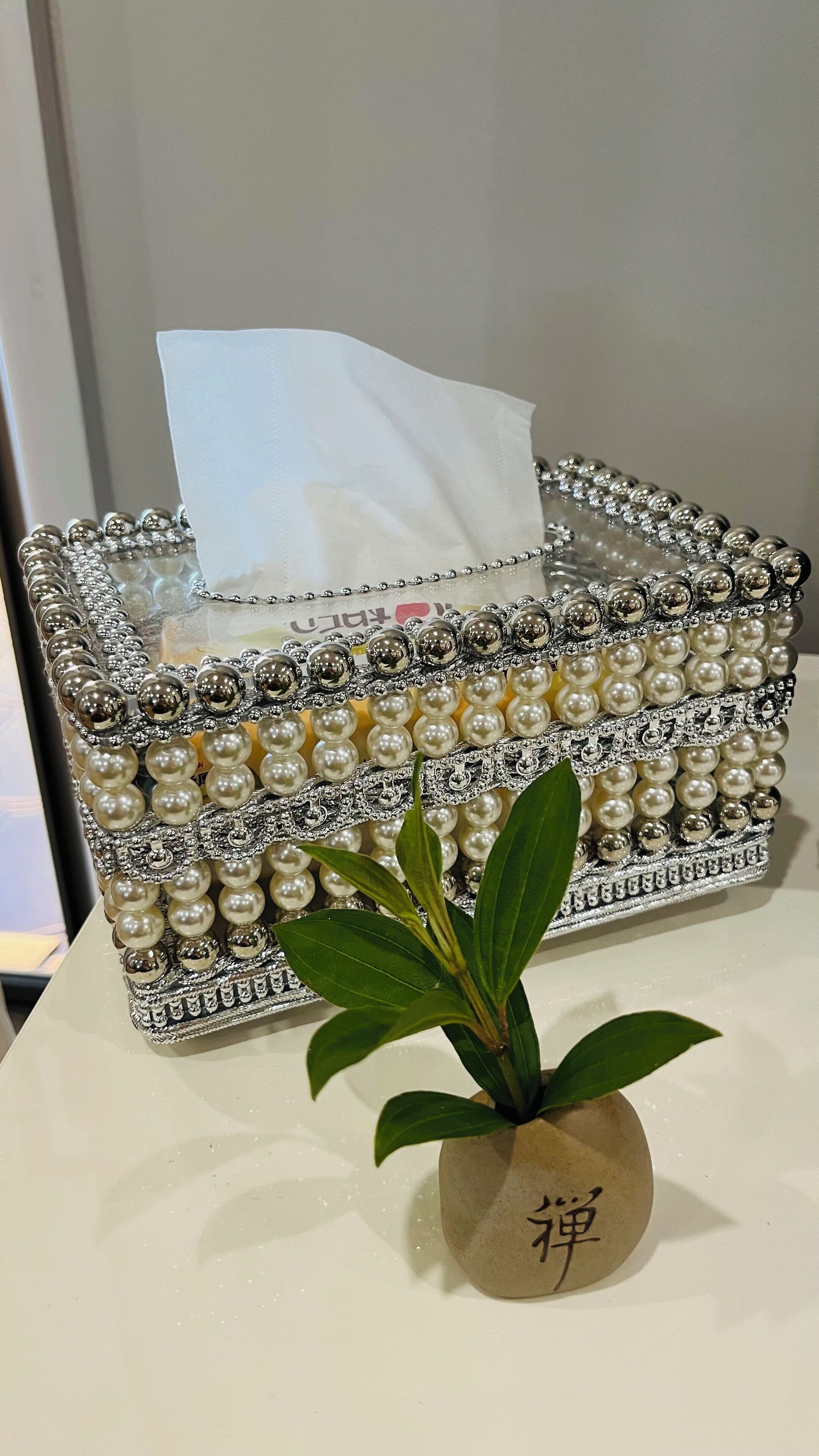 A tissue box with a tissue inside, adorned with pearls and silver beads, placed on a table with a small plant.