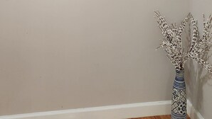 A room with a wooden floor, a framed picture of a bison on the wall, and a vase with branches.
