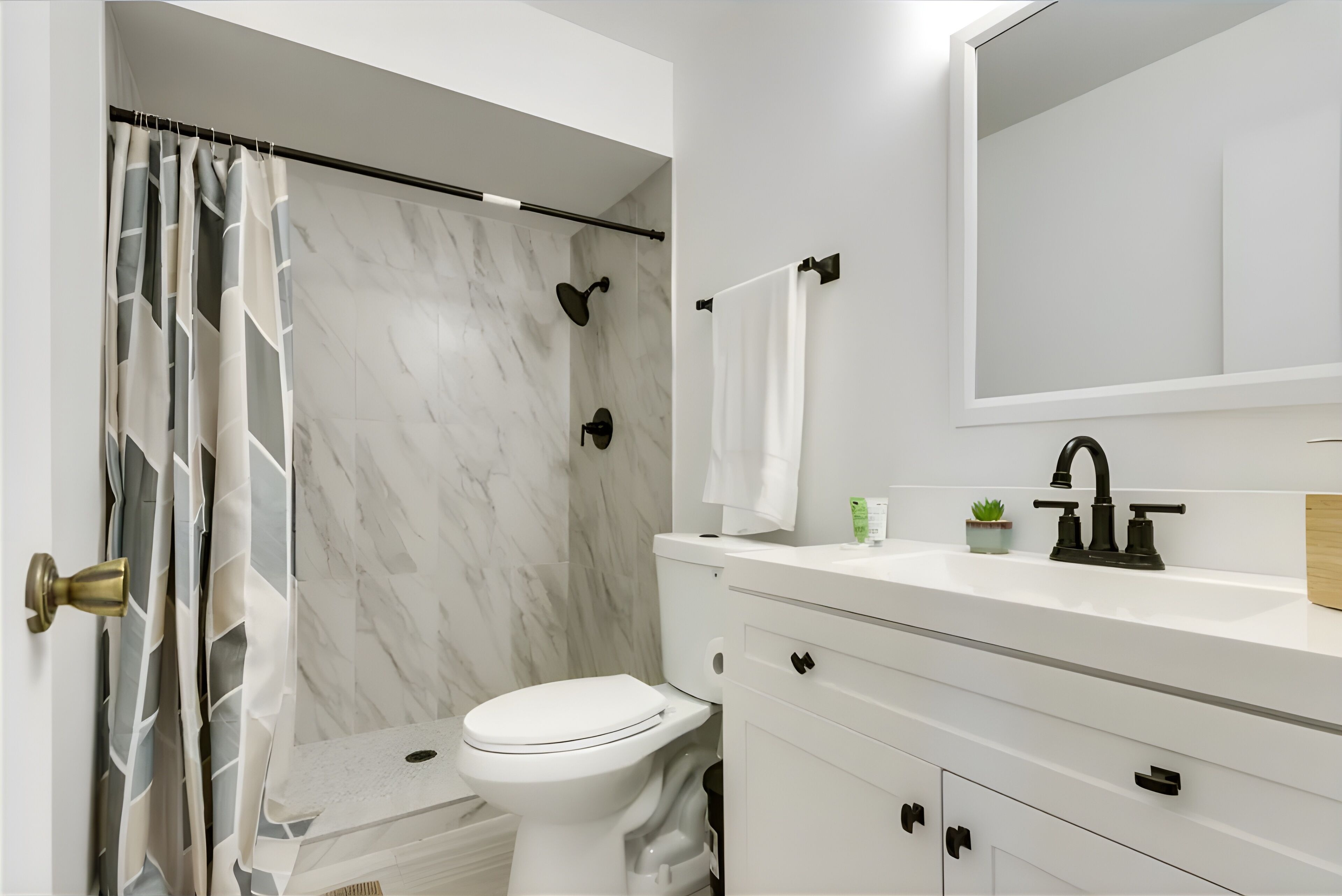 Hair dryer, towels, soap, shampoo