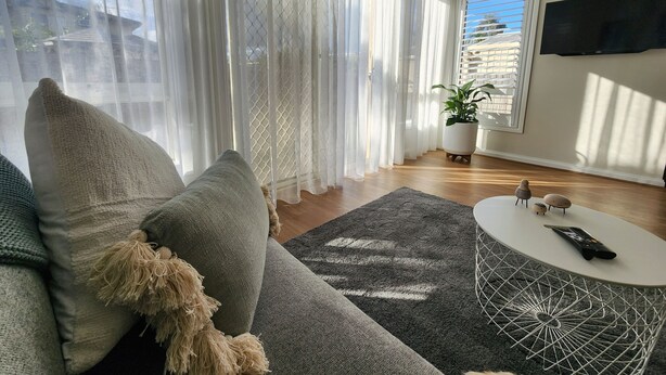 A modern living room with a sofa, a round coffee table, and a potted plant.
