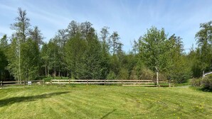 Un champ herbeux avec une clôture en bois et des arbres en arrière-plan.