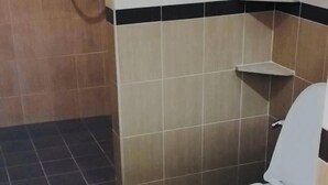 A small bathroom with a toilet, a shower, and tiled walls. - Phatra Resort (Saraburi)