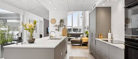 Fridge, microwave, dishwasher, cookware/dishes/utensils