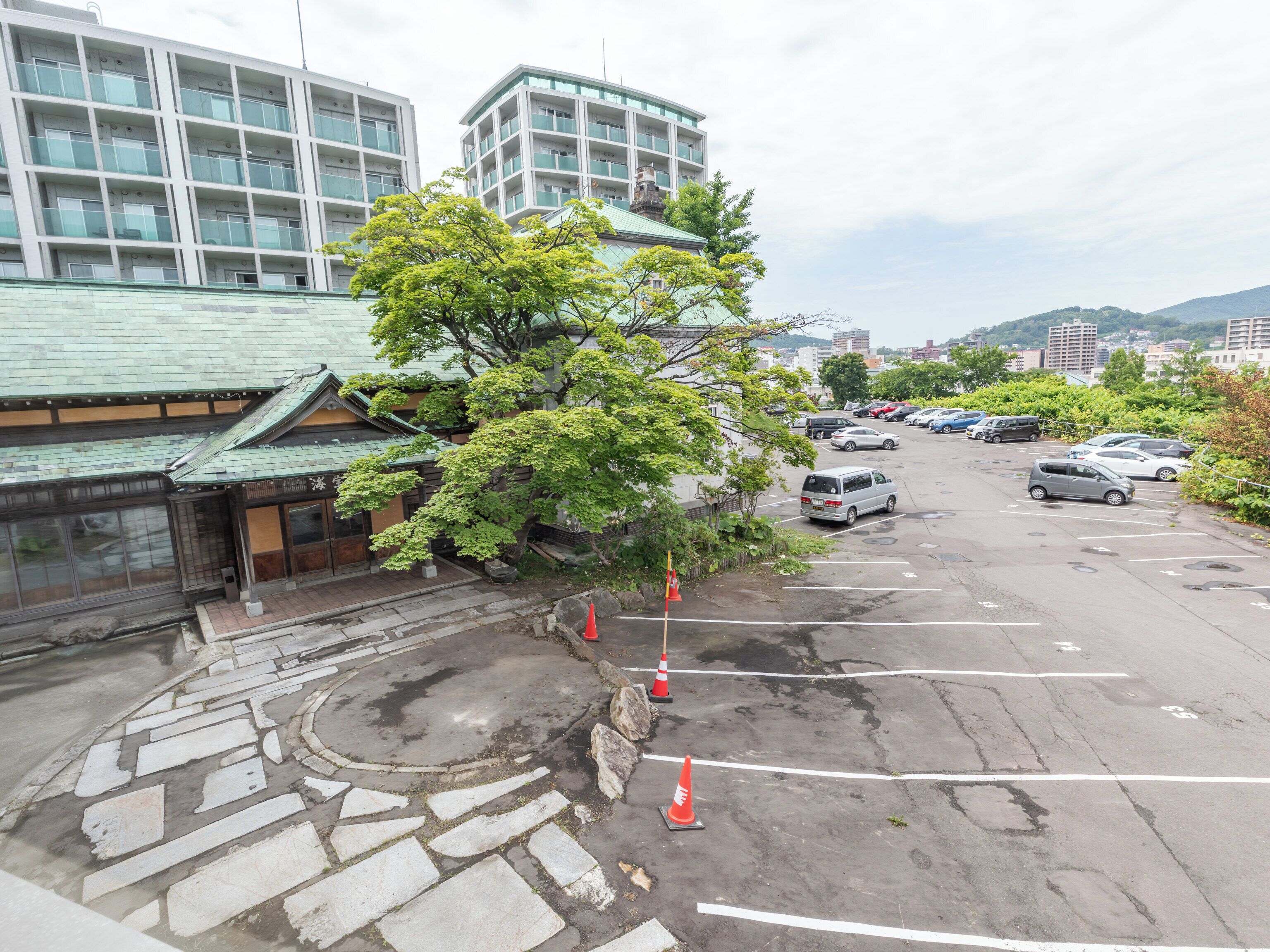 A parking lot with cars, a tree, and a building with a green roof.