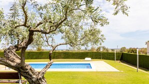 Una piscina rodeada de un césped cuidado y un árbol grande.