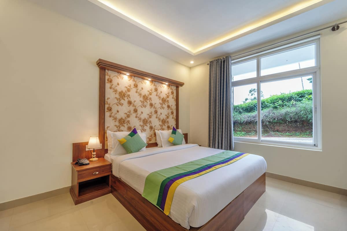 A hotel room with a large bed, a nightstand with a lamp, and a window with curtains.