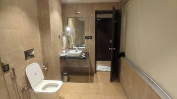 Shower, rainfall showerhead, towels, soap